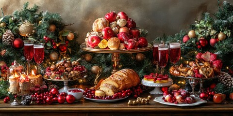 A lavish and exquisitely decorated holiday feast table featuring an assortment of festive foods like bread, desserts, red berries, and drinks, surrounded by lush greenery and candles.