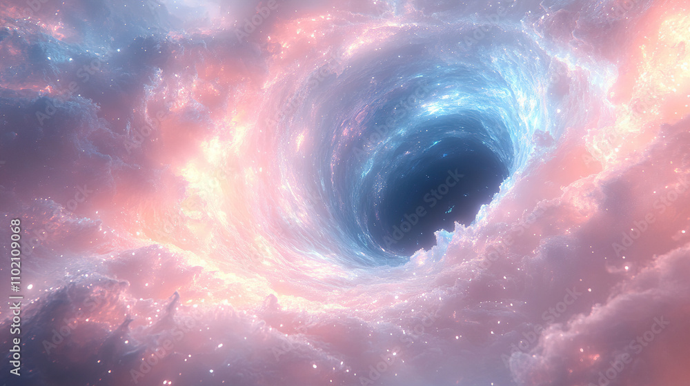 Poster vivid cosmic swirl surrounding a black hole with luminous colors and interstellar clouds in deep spa