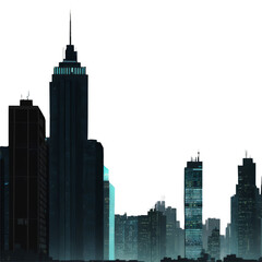 Obraz premium A city skyline with tall buildings and a tall skyscraper. Isolated on transparent background.
