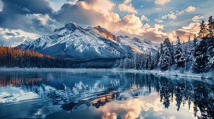 Beautiful view of snow-covered mountains under a breathtaking cloudy sky.