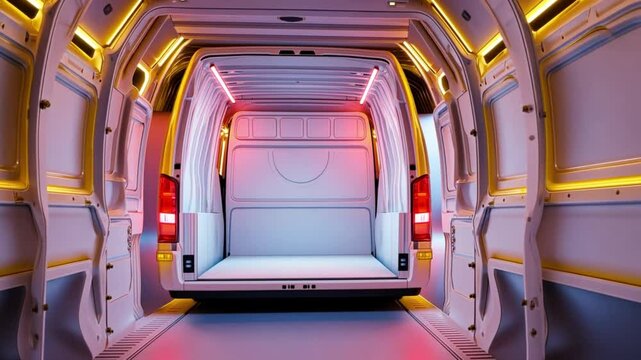 The open back of a white van with neon lights in a pink and yellow setting.