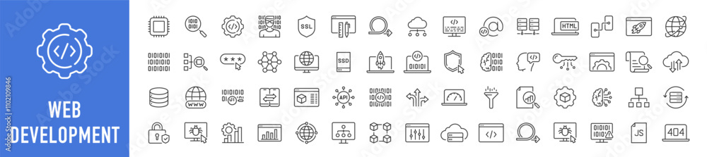Poster web development web icons in line style. programming, code, mobile app, developer, management, seo, 