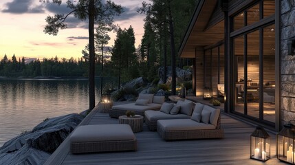 Obraz premium Serene Lakeside Retreat at Sunset