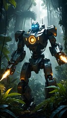 Fototapeta premium Mecha Robot in Jungle: Futuristic Robot Exploring a Lush Tropical Forest.