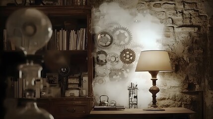 A lamp illuminating a workspace, superimposed with an image of gears and machinery, representing technological progress. Double Exposure.[Lamp]:[Hope, Progress] 