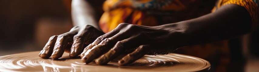 Artisan Pottery Craft, close-up of skilled hands shaping clay on a spinning wheel, highlighting dedication, tradition, and the beauty of handmade artistry.