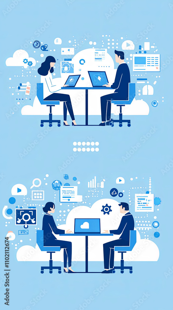 Poster collaborative cloud computing with two business professionals at desks