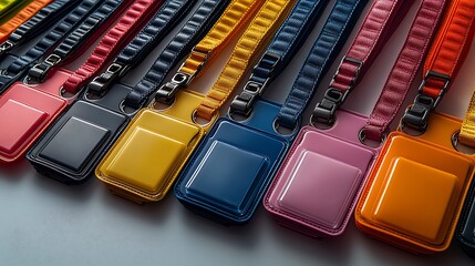 Colorful lanyard cases arranged in rows.