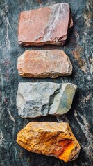 Colorful array of natural stone samples showcasing diverse textures and hues, from pink marble to...