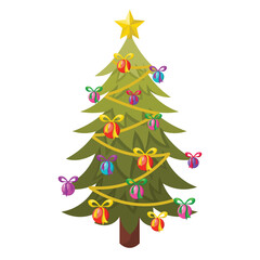 Cute colorful decorated Christmas tree in cartoon flat style. Happy New Year spruce tree.