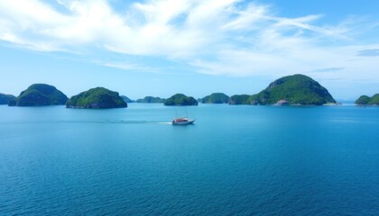 Obraz premium Boat sailing through calm ocean waters towards lush green islands under a vibrant blue sky.