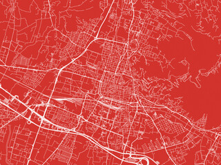 Christmas Map of Brescia, Italy in Snowy White on Festive Red Background.