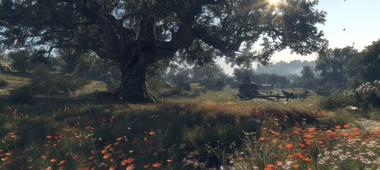 Naklejka premium A serene forest clearing adorned with wildflowers, sunlight, and birds on branches