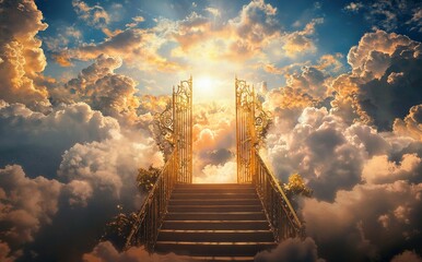 Heaven, with pearly gates open, surrounded by white clouds and golden accents, shining sunlight, and stairs leading up to the gate. A concept of heaven or paradise.