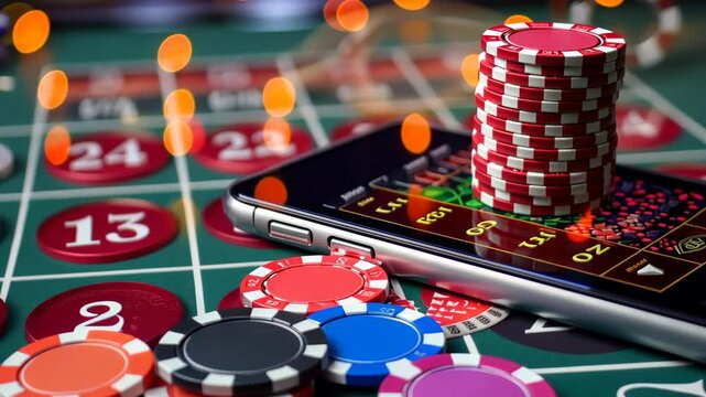 Online gambling trends with poker chips and smartphone gameplay in a modern casino setting
