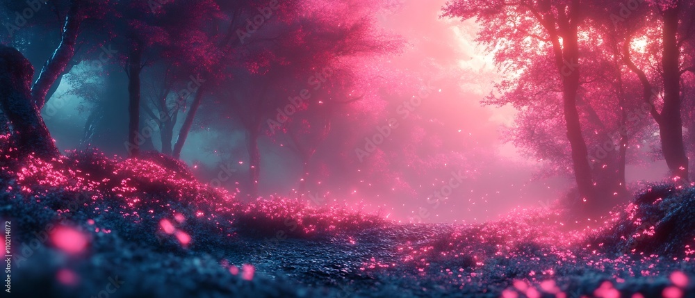 Poster enchanting liminal forest scene with soft gradients gentle textures and surreal lighting creating a 