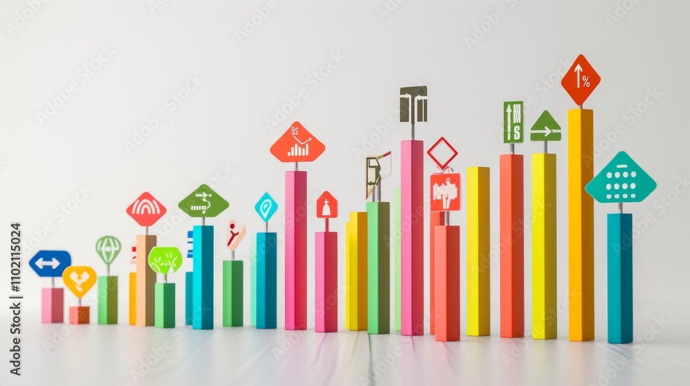 Aufkleber a 3d illustration of a colorful bar chart adorned with various business and technology-related icons