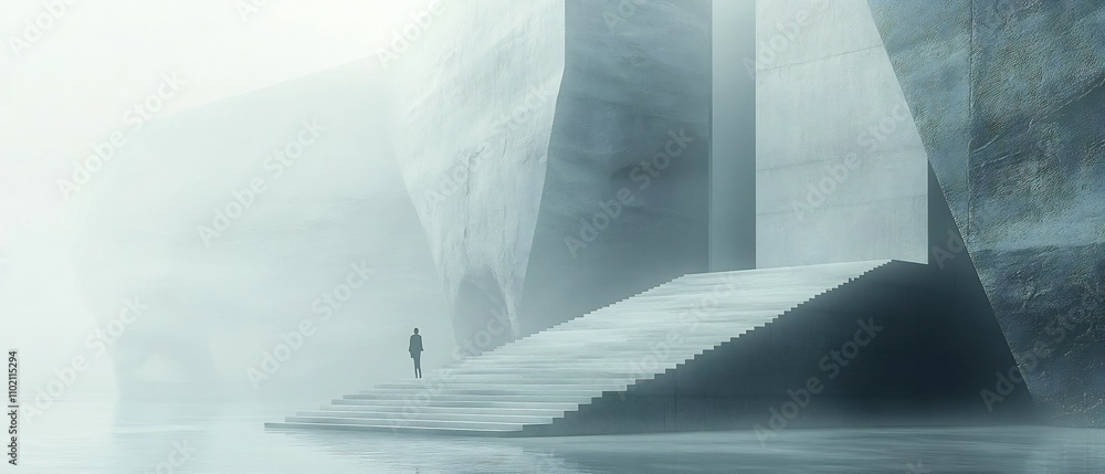 Poster minimalist and quiet passage featuring sharp architectural lines serene atmosphere and an enigmatic 