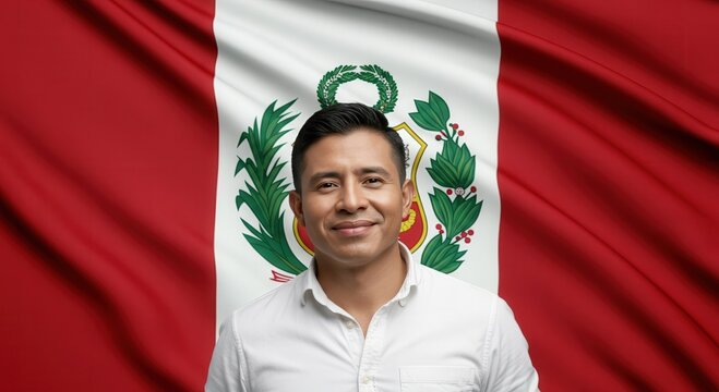 Portrait of a smiling man in white shirt with peruvian flag as background