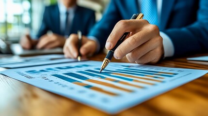 Close-up of hands analyzing financial charts, depicting data-driven decision-making and business strategy development.