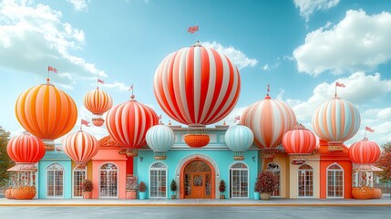 Colorful whimsical building with striped balloons, vibrant facade, playful design under blue sky and white clouds.