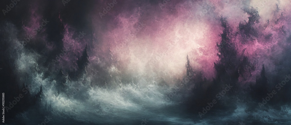 Poster a dramatic and moody landscape scene with dark stormy clouds soft mist and mystical ethereal element