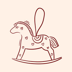 Rocking horse decoration for christmas tree. Line art hand drawn design. Outline drawing of pony toy. Vintage winter holiday concept