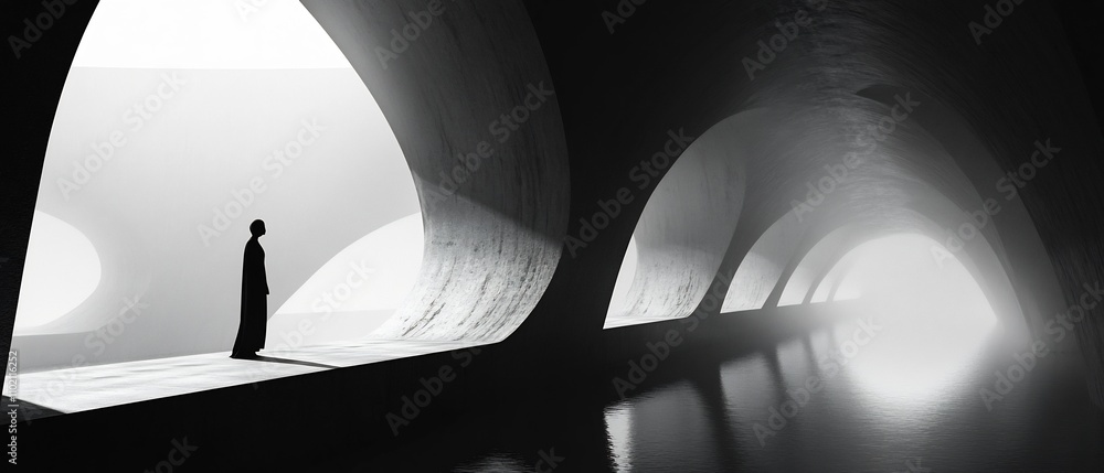 Poster a minimalist quiet passage featuring sharp geometric lines and a serene enigmatic atmosphere that in