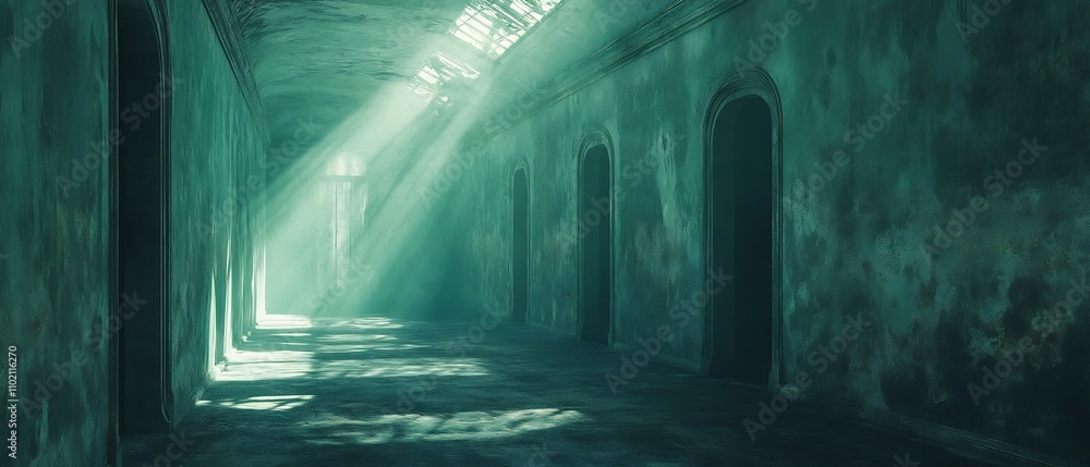 Poster eerie transitional corridor with enigmatic shadows and faint whispers a surreal and haunting archite