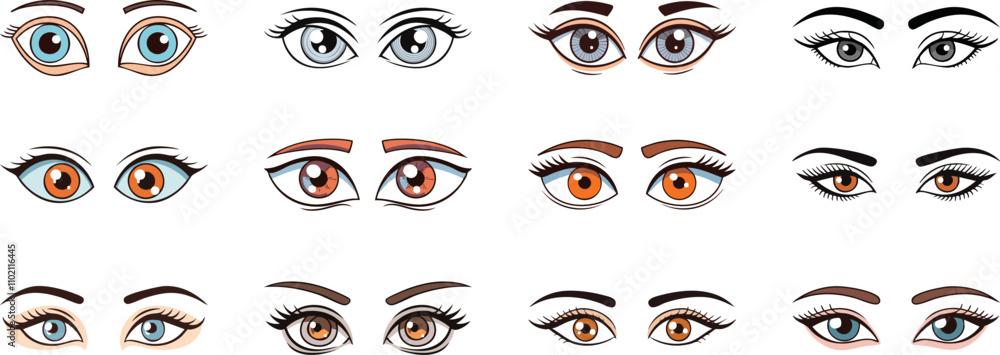 Wall mural woman cartoon eyes clipart illustration set