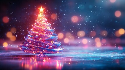 Festive glowing Christmas tree with holographic ornaments and copy space on white