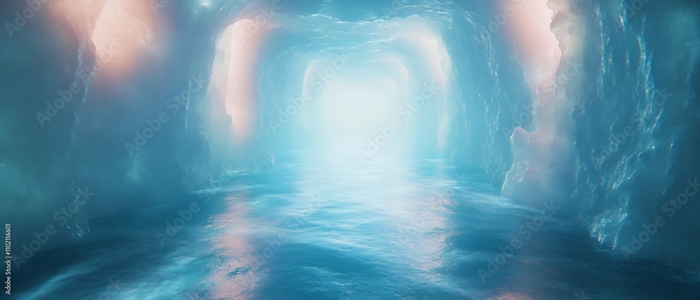 Poster dreamlike underwater tunnel scene with soft glowing lights and gentle transitions leading into the u