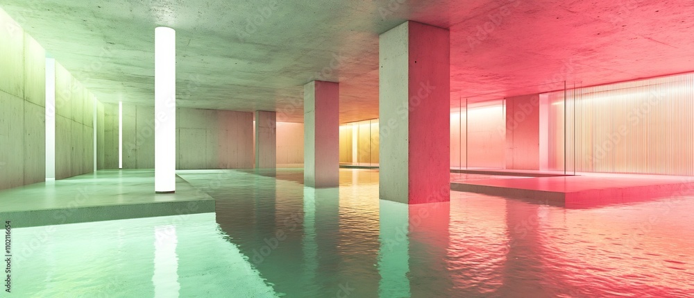 Poster striking minimalist architectural passage with stark concrete walls and ceilings featuring faint gli