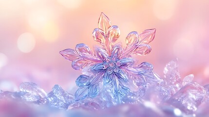 Fototapeta premium Vibrant holographic snowflake glowing in pastel tones for a clean winter aesthetic
