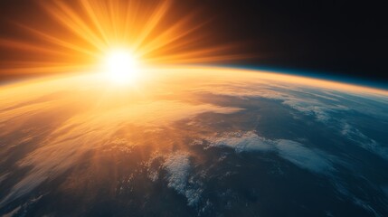 Sunrise over earth, a stunning view of the sun rising above the horizon, illuminating the atmosphere