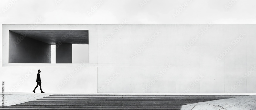 Poster minimalist clean lined architectural design with subtle dreamlike distortions creating a transitiona