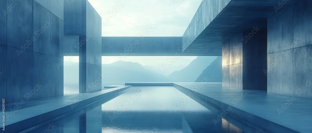 Poster minimalist and modern architectural passage featuring a sleek clean design with a reflective pool an
