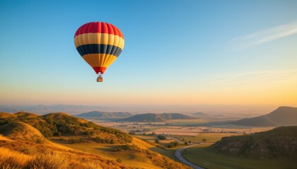 Fototapeta premium Colorful hot air balloon soaring above rolling hills at sunrise.