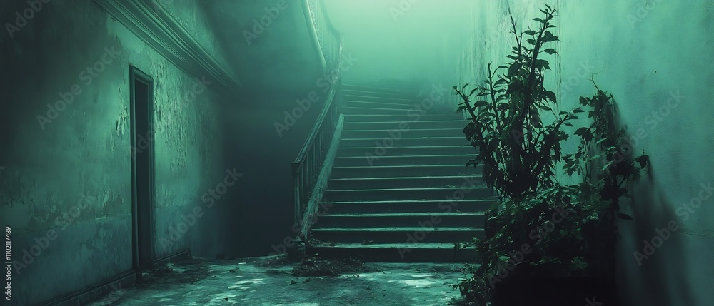 Poster an eerie dark transitional space with shadows that seem alive and faint whispers in the air creating