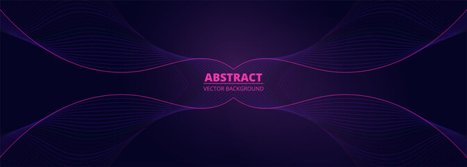 Dark violet wide vector abstract background with pink and purple wavy lines. Vector illustration banner with elegant pattern.
