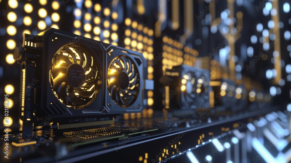 Poster a futuristic close-up of illuminated graphics cards with glowing fans, set against a backdrop of shi