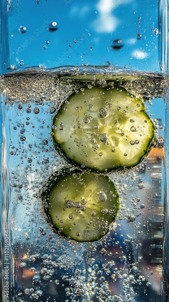 Poster sparkling water with cucumber slices.