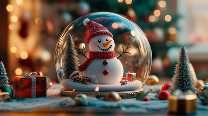 Christmas snow globe with a snowman inside. The snowman is wearing a red hat surrounded by gifts and a miniature Christmas tree. 