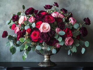 Alluring Arrangement of Red and Pink Roses in Elegant Vase with Greenery on Stylish Surface for Floral Celebrations and Home Decor Inspirations