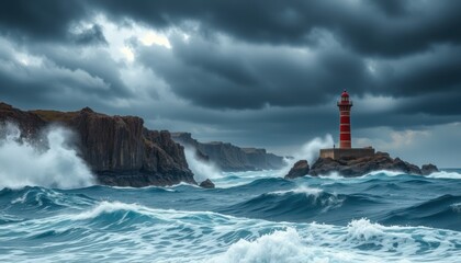 Dramatic coastal scene with lighthouse during a storm.