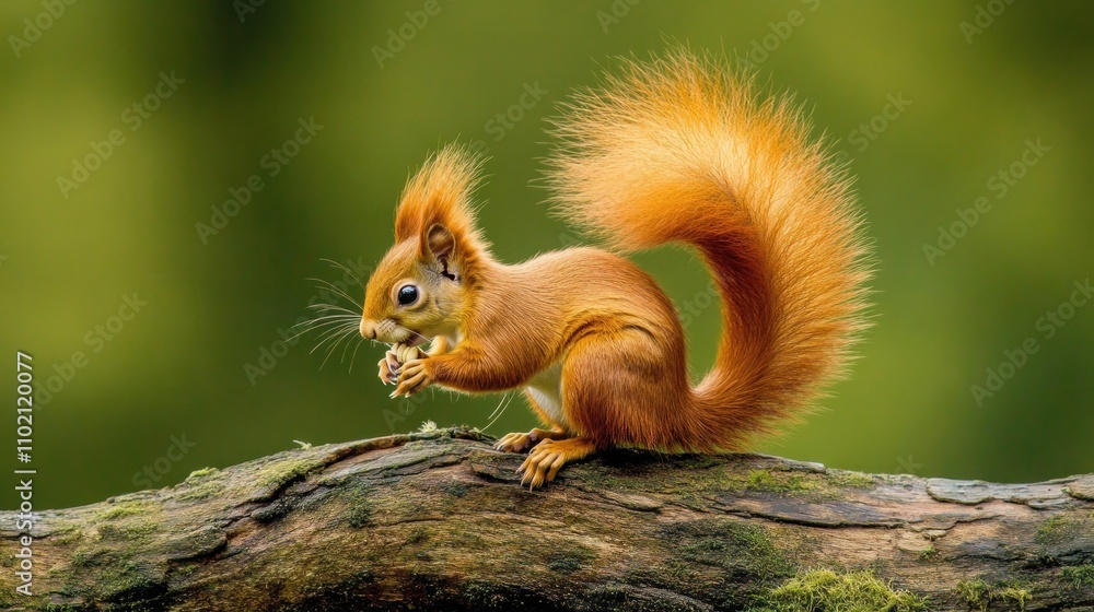 Poster a vibrant red squirrel perched on a log, nibbling on a nut in a natural setting.