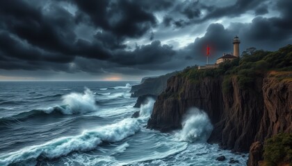Dramatic coastal scene with lighthouse during stormy sea.