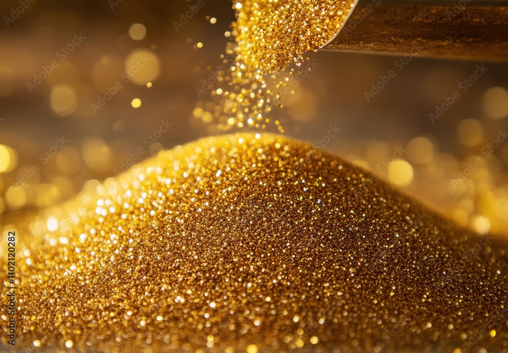 Poster Close-Up of Gold Dust Falling from a Metal Object, Creating a Shimmering Pile of Glittering Particles Against a Soft, Blurred Background with Sparkling Highlights