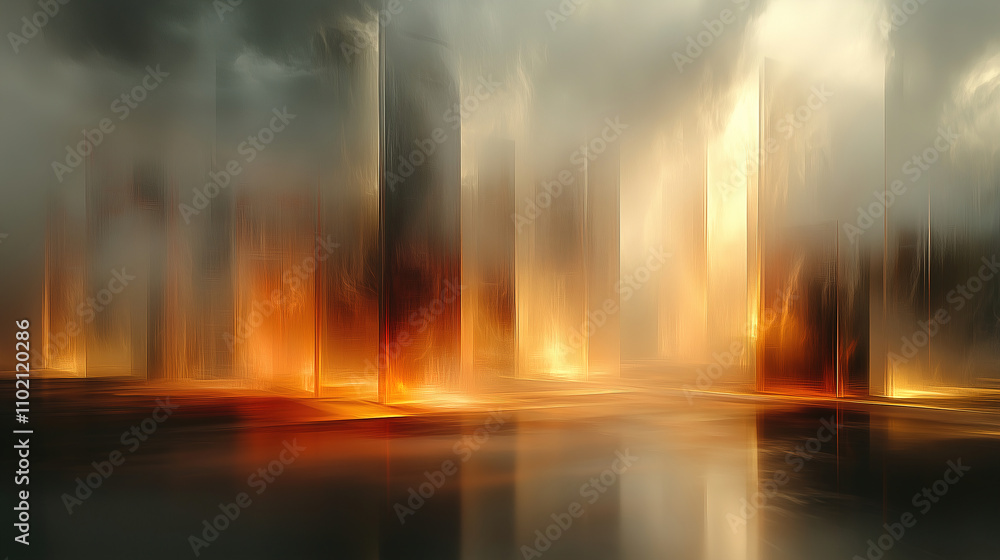 Poster dramatic display of fire and smoke illuminating the landscape at dusk with towering structures in th