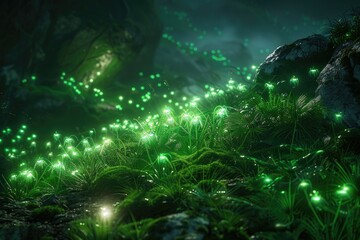 Obraz premium Glowing Green Plants in a Dark Forest